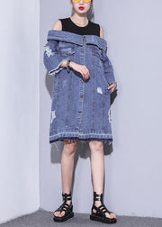 100% denim blue Cotton Long Shirts Slash neck oversized summer Dresses - bagstylebliss