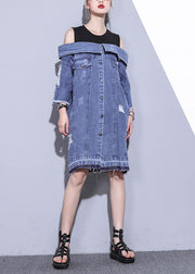 100% denim blue Cotton Long Shirts Slash neck oversized summer Dresses - bagstylebliss