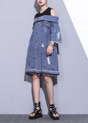 100% denim blue Cotton Long Shirts Slash neck oversized summer Dresses - bagstylebliss