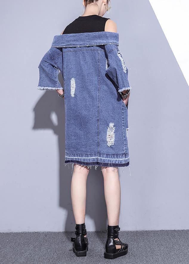 100% denim blue Cotton Long Shirts Slash neck oversized summer Dresses - bagstylebliss