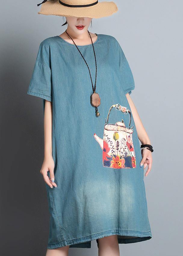 100% denim blue print dresses o neck pockets A Line summer Dress - bagstylebliss