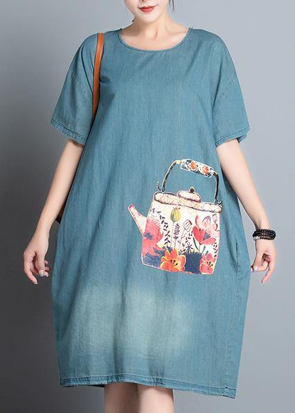 100% denim blue print dresses o neck pockets A Line summer Dress - bagstylebliss