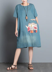 100% denim blue print dresses o neck pockets A Line summer Dress - bagstylebliss