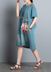 100% denim blue print dresses o neck pockets A Line summer Dress - bagstylebliss