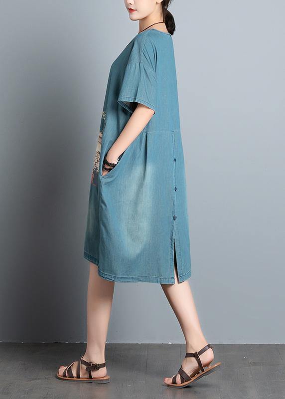 100% denim blue print dresses o neck pockets A Line summer Dress - bagstylebliss