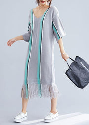 100% gray tassel cotton Tunic v neck loose Dresses - bagstylebliss