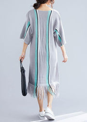100% gray tassel cotton Tunic v neck loose Dresses - bagstylebliss