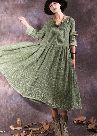 100% green long sleeve cotton dresses v neck Maxi autumn Dresses - bagstylebliss