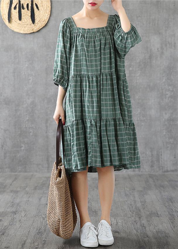 100% green plaid cotton linen Tunic Square Collar patchwork A Lin Dresses - bagstylebliss