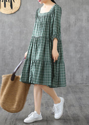 100% green plaid cotton linen Tunic Square Collar patchwork A Lin Dresses - bagstylebliss
