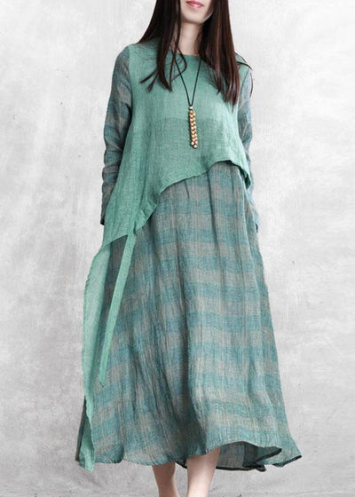 100% green plaid tunic top o neck asymmetric Maxi fall Dresses - bagstylebliss