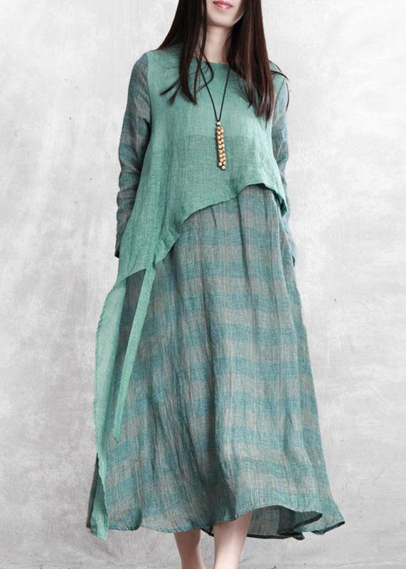 100% green plaid tunic top o neck asymmetric Maxi fall Dresses - bagstylebliss