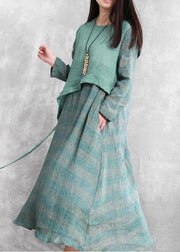 100% green plaid tunic top o neck asymmetric Maxi fall Dresses - bagstylebliss