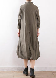 100% high neck asymmetric cotton dresses gray green Art Dress fall - bagstylebliss