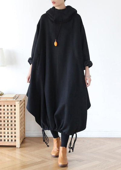 100% hooded asymmetric cotton Wardrobes Work black Maxi Dress - bagstylebliss