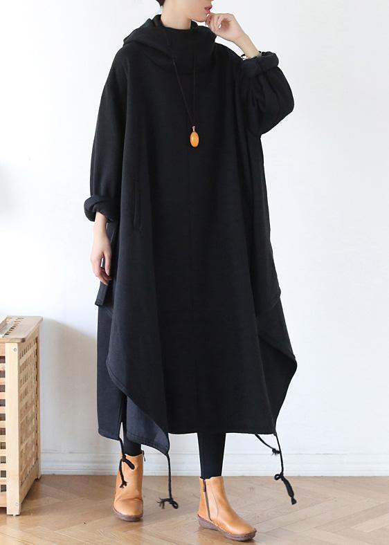 100% hooded asymmetric cotton Wardrobes Work black Maxi Dress - bagstylebliss