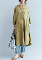 100% khaki cotton clothes Women side open loose fall Dress - bagstylebliss