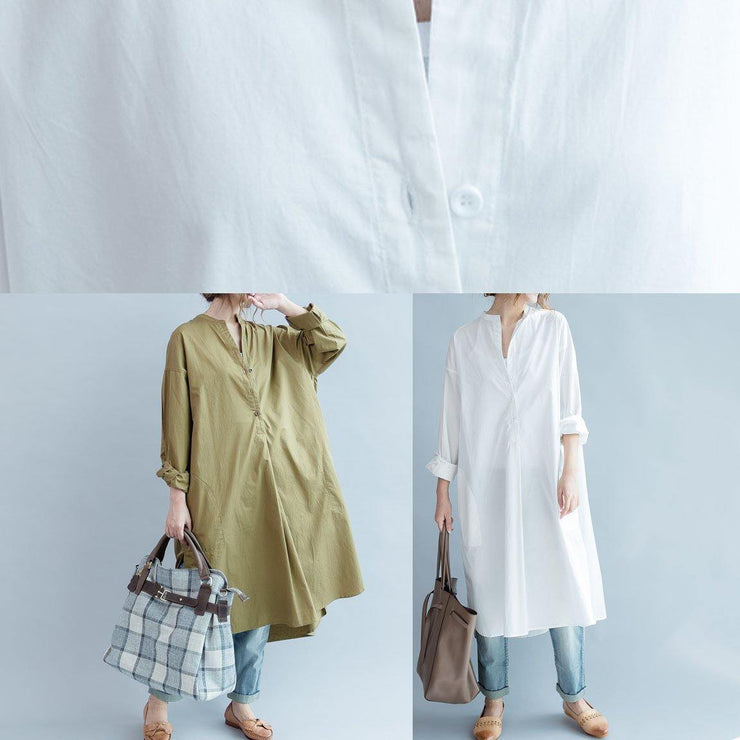 100% khaki cotton clothes Women side open loose fall Dress - bagstylebliss