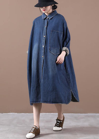100% lapel patchwork spring outfit Fashion Ideas denim blue long Dress - bagstylebliss