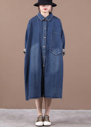 100% lapel patchwork spring outfit Fashion Ideas denim blue long Dress - bagstylebliss