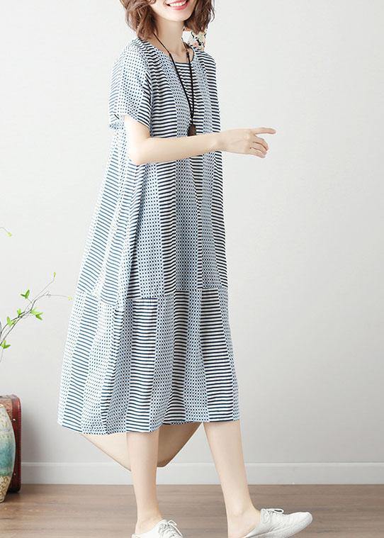 100% light blue striped Cotton Long Shirts patchwork Dresses summer Dresses - bagstylebliss