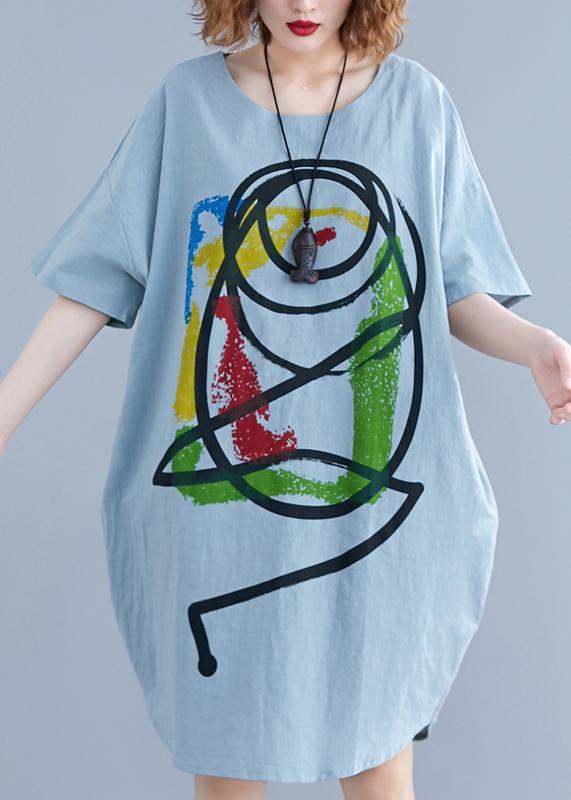 100% light green o neck Cotton clothes Women Cartoon print baggy summer Dresses - bagstylebliss