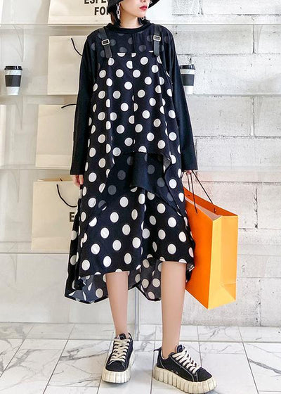 100% o neck asymmetric clothes Tutorials black dotted long Dress - bagstylebliss