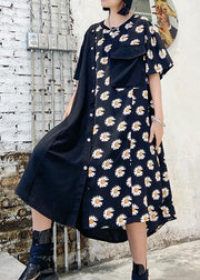 100% o neck asymmetric cotton clothes Shirts black print cotton robes Dress - bagstylebliss