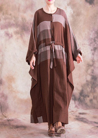 100% o neck asymmetric linen clothes For Women brown plaid drawstring Dresses fall - bagstylebliss