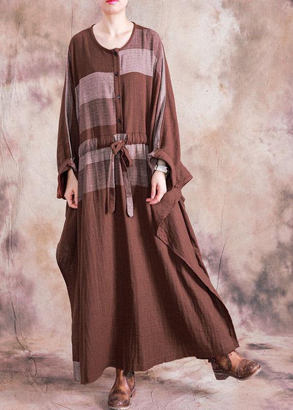 100% o neck asymmetric linen clothes For Women brown plaid drawstring Dresses fall - bagstylebliss