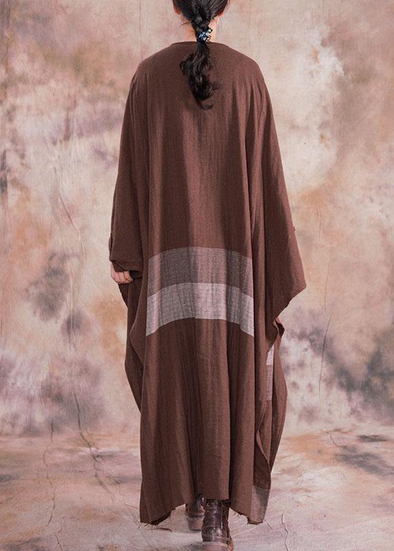 100% o neck asymmetric linen clothes For Women brown plaid drawstring Dresses fall - bagstylebliss