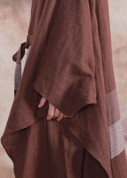 100% o neck asymmetric linen clothes For Women brown plaid drawstring Dresses fall - bagstylebliss