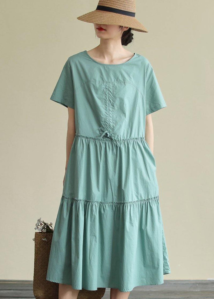 100% o neck drawstring cotton summerdresses Fabrics green Art Dresses - bagstylebliss