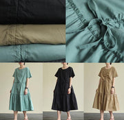 100% o neck drawstring cotton summerdresses Fabrics green Art Dresses - bagstylebliss