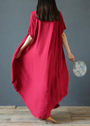100% o neck exra large hem summer clothes Sleeve burgundy Maxi Dress - bagstylebliss