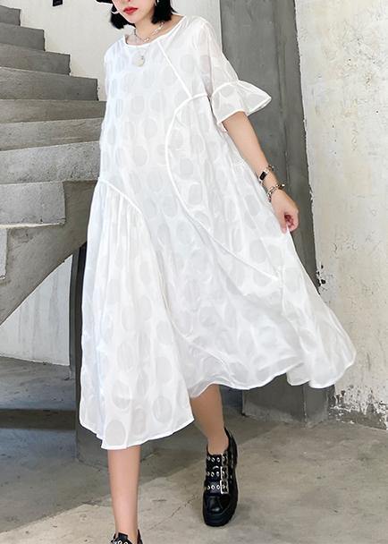 100% o neck flare sleeve cotton tunics for women Fabrics white dotted Dresses - bagstylebliss