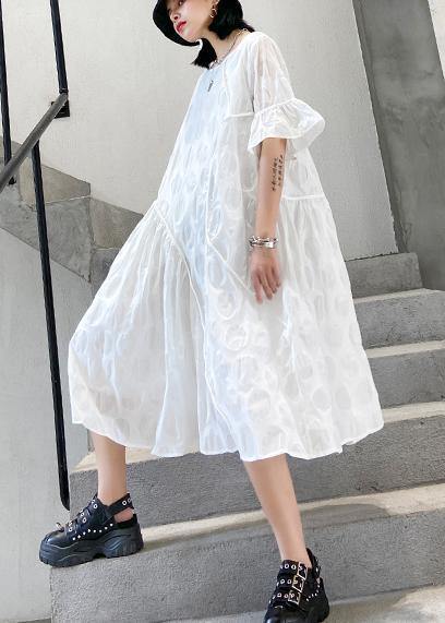 100% o neck flare sleeve cotton tunics for women Fabrics white dotted Dresses - bagstylebliss