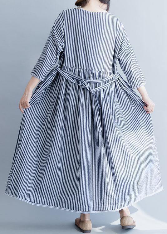 100% o neck half sleeve cotton dresses Neckline blue striped Maxi Dress fall - bagstylebliss