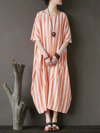 100% o neck patchwork cotton dress Tutorials orange striped Kaftan Dresses - bagstylebliss