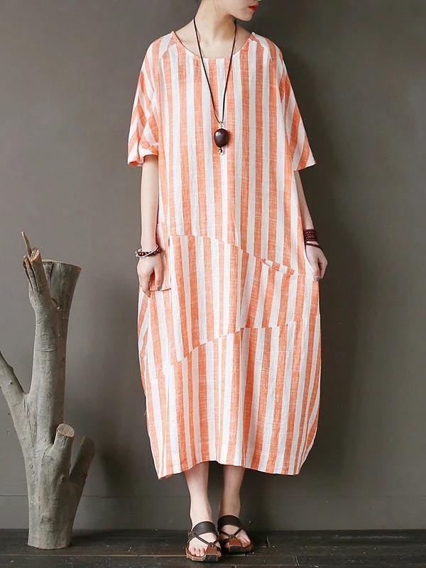 100% o neck patchwork cotton dress Tutorials orange striped Kaftan Dresses - bagstylebliss