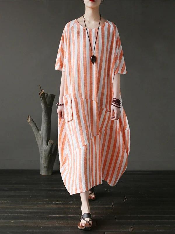 100% o neck patchwork cotton dress Tutorials orange striped Kaftan Dresses - bagstylebliss