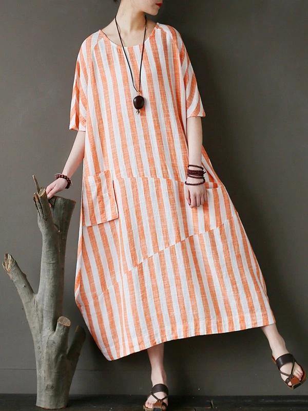 100% o neck patchwork cotton dress Tutorials orange striped Kaftan Dresses - bagstylebliss