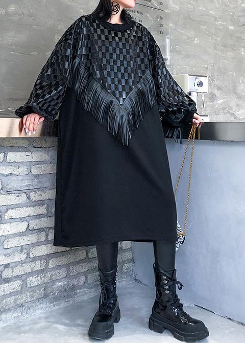 100% o neck patchwork tassel clothes Women Runway black plaid Maxi Dress - bagstylebliss