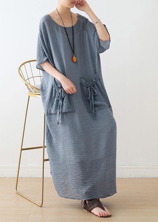 100% o neck pockets cotton clothes For Women Sewing light blue cotton robes Dress - bagstylebliss
