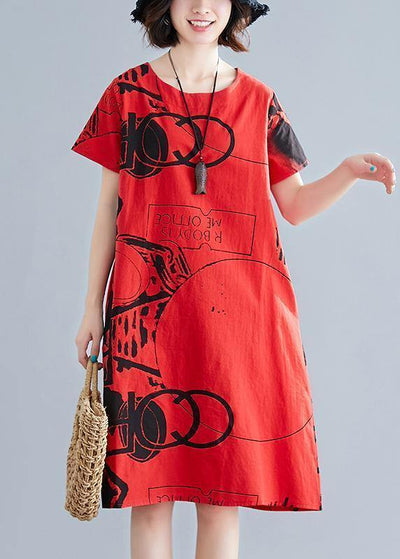 100% o neck short sleeve linen cotton clothes red print Dress summer - bagstylebliss