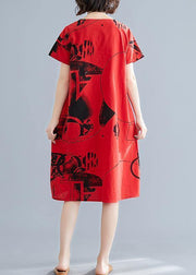 100% o neck short sleeve linen cotton clothes red print Dress summer - bagstylebliss