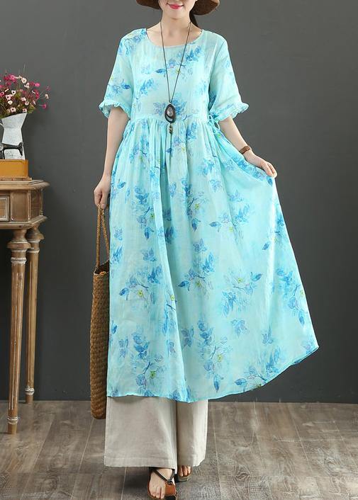 100% o neck Cinched linen summer dresses design blue print Dresses - bagstylebliss