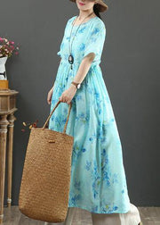 100% o neck Cinched linen summer dresses design blue print Dresses - bagstylebliss