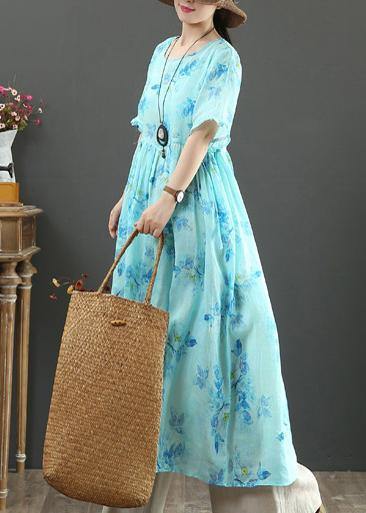 100% o neck Cinched linen summer dresses design blue print Dresses - bagstylebliss