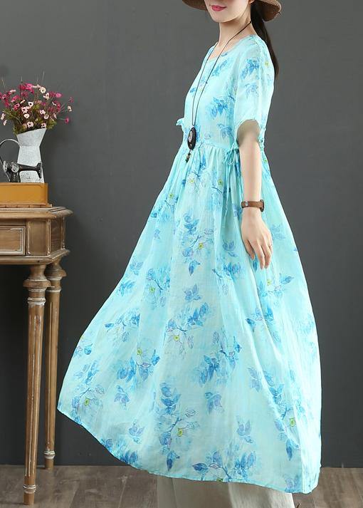 100% o neck Cinched linen summer dresses design blue print Dresses - bagstylebliss